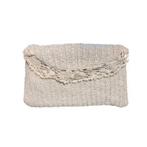 Vintage Hand Crocheted Lace Clutch Cream Boho Cottagecore Bridal Purse